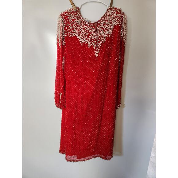 Vintage Swee Lo Red & White Sequin Pearls Embellished Red Silk sz QM - Picture 2 of 7
